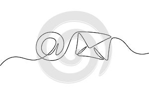 One line paper envelope. Black and white monochrome continuous single line art. Email message post letter send