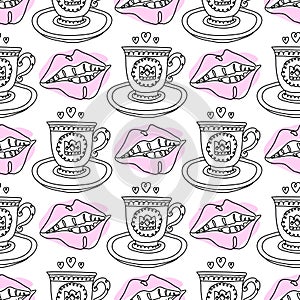 One line Pink Lips and teeth and tea porcelain cup on saucer set. Seamless pattern