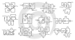 One line puzzle. Solving jigsaw, puzzle pieces connected together and teamwork concept vector illustration set