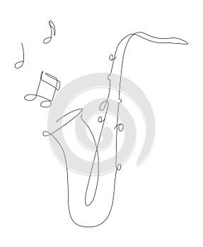 One line sax illustration with notes. Jazz music band instrument line art. Saxophone logo icons vector design