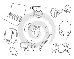 One line set of modern electronic gadgets for job, entertainment. Hand drawn vector illustration.