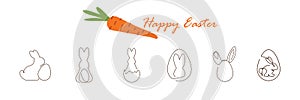 One line or single line vector rabbit icons set. Simple bunny isolated with carrot
