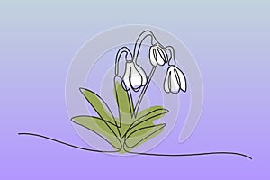One line snowdrop isolated on blue background. Vector illustration continuous one line of white snowdrop. Spring card
