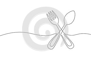 One line spoon fork gastronomy concept. Continuous lineart tasty soup cook dish. Delirious dining restaurant cuisine