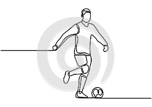 One line sport with football player. a man kick a ball during the game