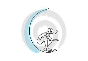 One line surfing sport. Vector illustration person standing on surf board on wave