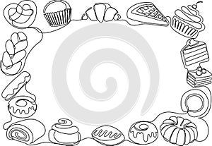 One line sweet bakery frame. Baked goods and desserts for menu border, recipe card or culinary themed vector