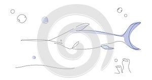One line sword fish illustration. Sea life line art vector. narwal fish outline.
