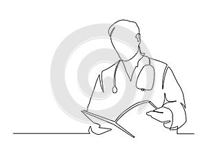 One line vector drawing of hospital doctor standing holding patient papers. Doctor looking at his journal line drawing