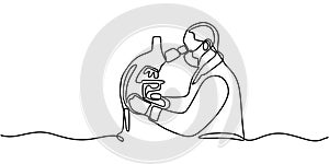 One line vector illustration of a scientist using a microscope for research