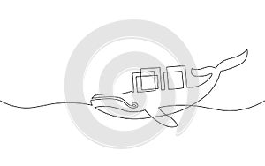 One line whale and container computer docker developer app concept. Sketch drawing open source program. Data coding