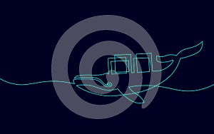 One line whale and container computer docker developer app concept. Sketch drawing open source program. Data coding