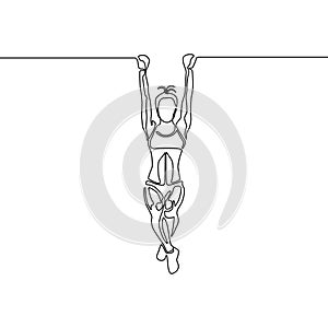 One line woman with fit body hanging on the pullup bar