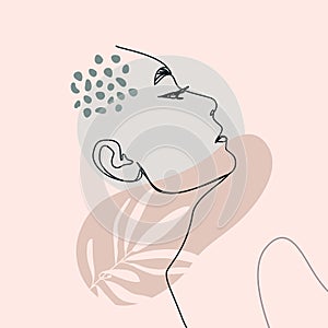 One Line Woman`s Face. Continuous line Female Portrait in Profile With Geometric Shapes and Floral Elements. Vector