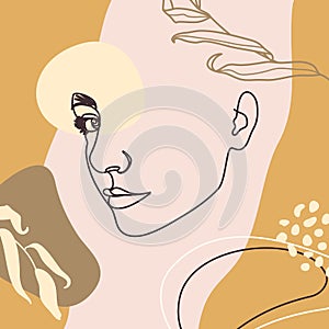 One Line Woman`s Face. Continuous line Female Portrait in Profile With Geometric Shapes and Floral Elements. Vector