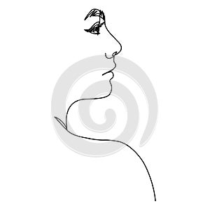 One line woman`s face. A continuous line of female portrait in profile in a modern minimalist style. Vector illustration