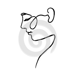 One Line Woman`s Face. Continuous line Portrait in Profile of a girl In a Modern Minimalist Style. Vector Illustration