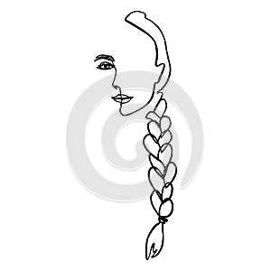 One Line Woman`s Face and hair Braid. Continuous line Portrait of a girl In a Minimalist Style. Vector Illustration photo