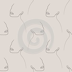 One line woman seamless pattern in minimalist style. Abstract female portrait face texture. Body art wrapping print.