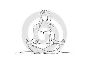 One line woman sitting in lotus pose yoga. Continuous line drawing of meditating girl, exercise icon, relax concept