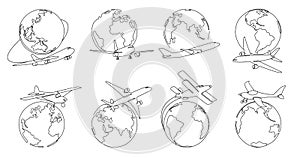 One line world airlines. Airplane around globe, worldwide plane travels and flights all over earth doodle vector