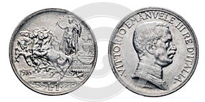 One 1 Lira silver Coin 1916 quadriga briosa horsed chariot, Vittorio Emanuele III Kingdom of Italy photo