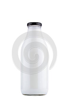 One liter bottle of milk mockup with black cap isolated on white background