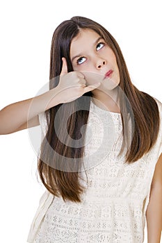 One Little Girl making a call me gesture, against white background