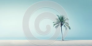 One lonely palm tree on a white beach. Calm sae with mist. Tranquil seashore landcsape. Generative AI