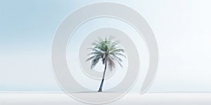 One lonely palm tree on a white beach. Calm sae with mist. Tranquil seashore landcsape. Generative AI