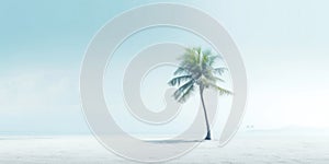 One lonely palm tree on a white beach. Calm sae with mist. Tranquil seashore landcsape. Generative AI