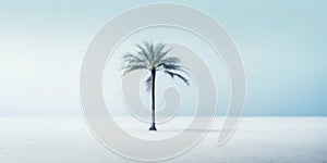 One lonely palm tree on a white beach. Calm sae with mist. Tranquil seashore landcsape. Generative AI