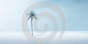 One lonely palm tree on a white beach. Calm sae with mist. Tranquil seashore landcsape. Generative AI