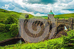 One of the main dams in the summertime of the Elan valley of Wales.