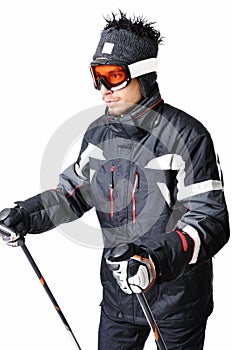 One male skier posing on a white background