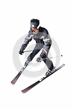 One male skier skiing with full equipment on a white background