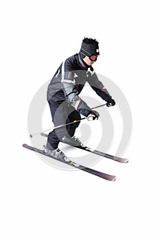 One male skier skiing with full equipment on a white background