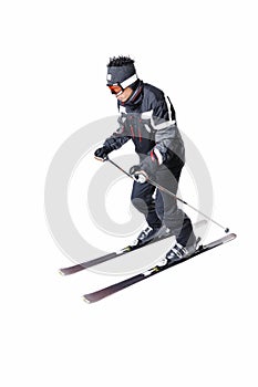 One male skier skiing with full equipment on a white background