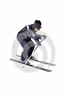 One male skier skiing with full equipment on a white background