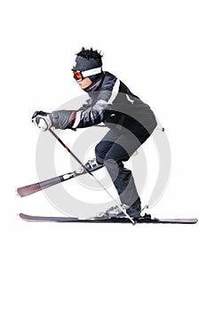 One male skier skiing with full equipment on a white background