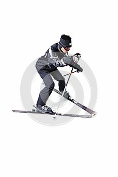 One male skier skiing with full equipment on a white background