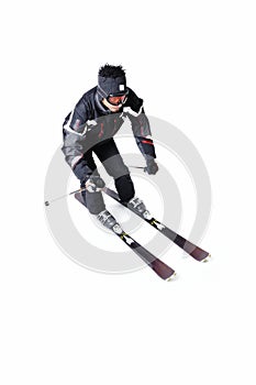 One male skier skiing with full equipment on a white background