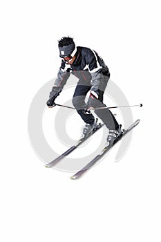 One male skier skiing with full equipment on a white background