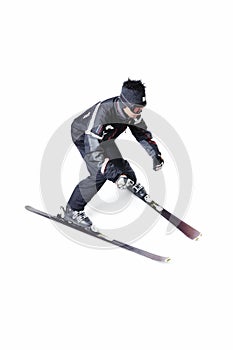 One male skier skiing without sticks on a white background