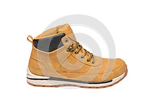 One male yellow nubuck leather boot, sport shoes, on a white background, isolate