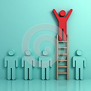 One man climbing ladder to standing on top above other green people