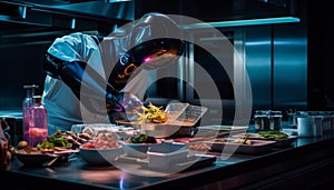 One man preparing healthy meal indoors using modern kitchen equipment generated by AI