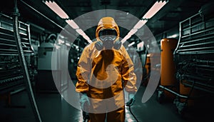 One man, in protective suit, holding metal work tool generated by AI