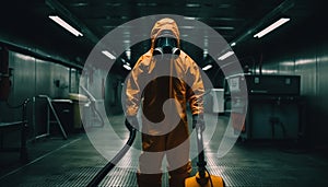 One man in protective workwear spraying toxic waste indoors generated by AI