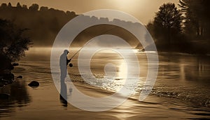 One man standing, back lit, silhouette, fly fishing at sunset generated by AI